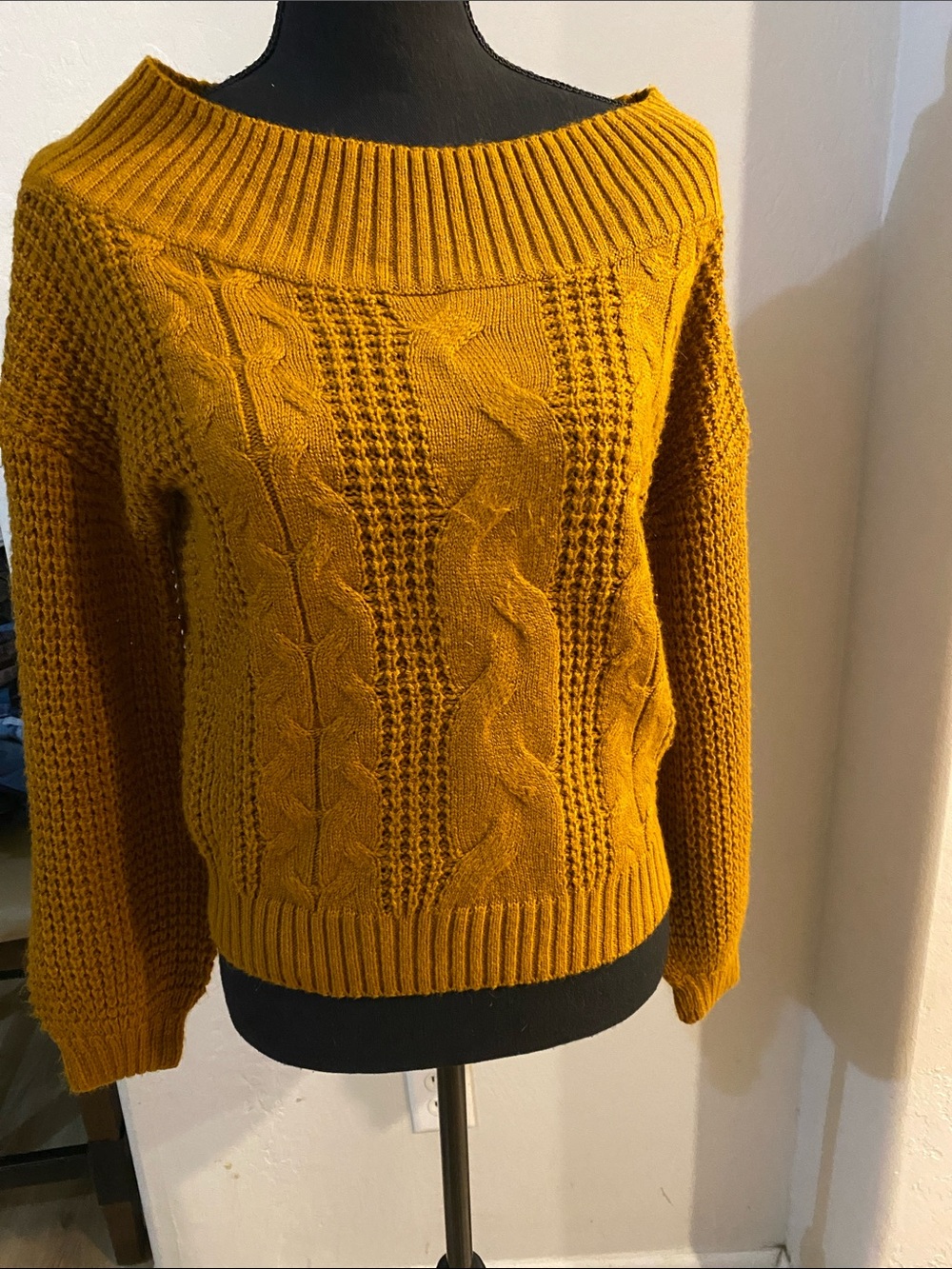 Off-the-Shoulder Cable Knit Sweater in Mustard Yellow